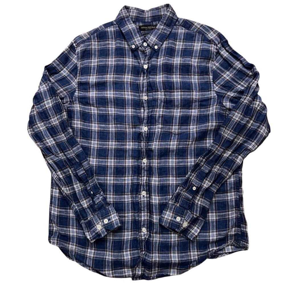 Banana Republic Shirt Mens L Long Sleeve Linen Camden Standard Fit Plaid Blue